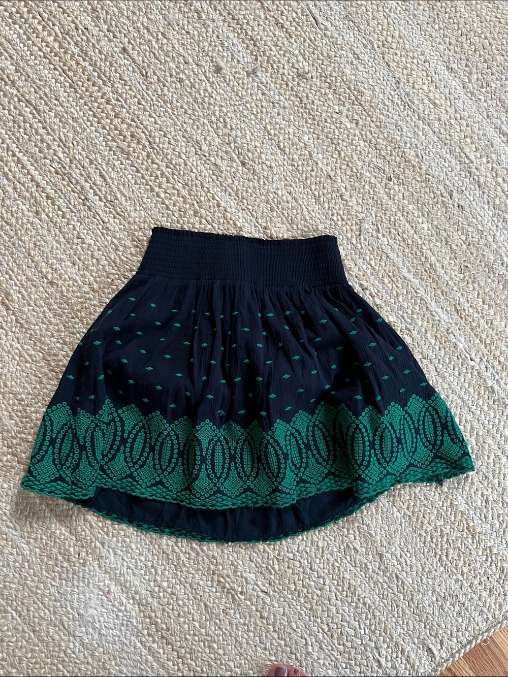 J. Crew Black Skater Skirt with Green Embroidered Hem